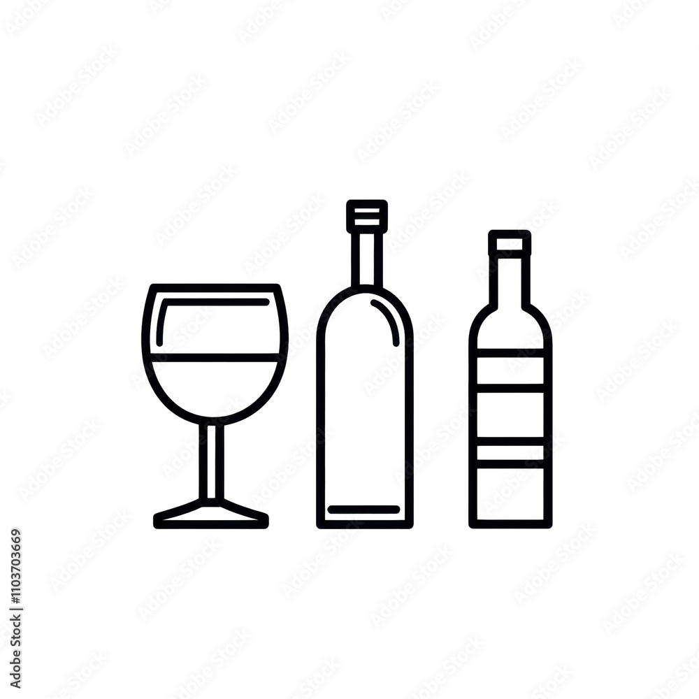 Minimalist Bar Icons with Wine Glass and Bottles Minimalist Bar Icons with Wine Glass and Bottles