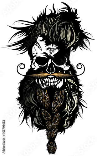 Tête de mort à moustache et barbe hipster skull moustachu et crane barbu tatouage dragon tribal