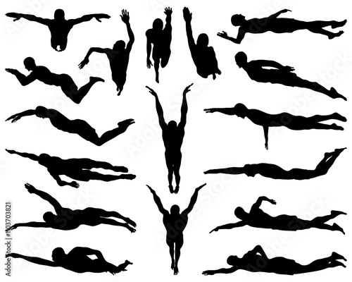 Black silhouettes of swimmers on a white background	