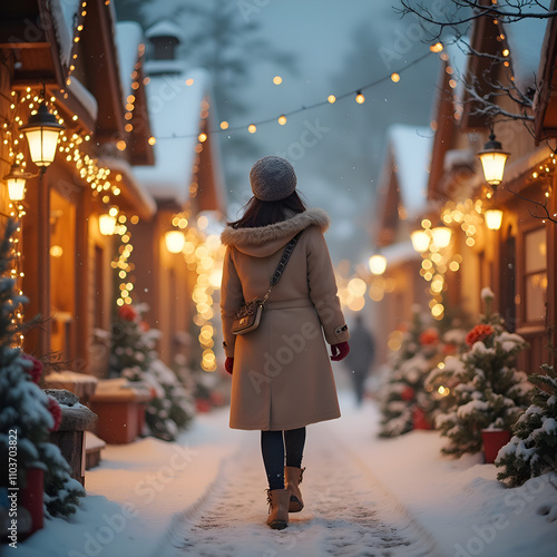 a cute korean woman walking through a snowy village decorated with twinkling holiday lights