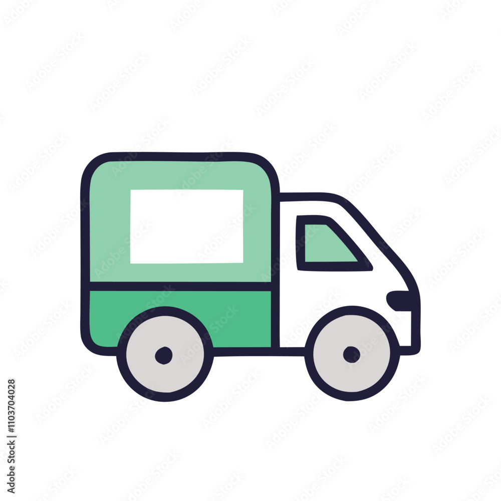 Minimalistic illustration of a green delivery truck with white details on a white background. Flat icon style. Design for logistics and delivery themes Minimalistic illustration of a green delivery truck with white details on a white background. Flat icon style. Design for logistics and delivery themes
