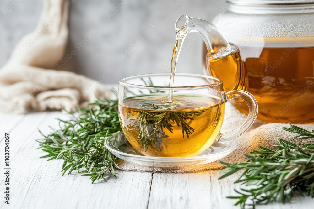 Pouring rosemary tea from a teapot into a glass cup alongside fresh rosemary on a rustic white wooden surface a winter herbal drink idea Pouring rosemary tea from a teapot into a glass cup alongside fresh rosemary on a rustic white wooden surface a winter herbal drink idea
