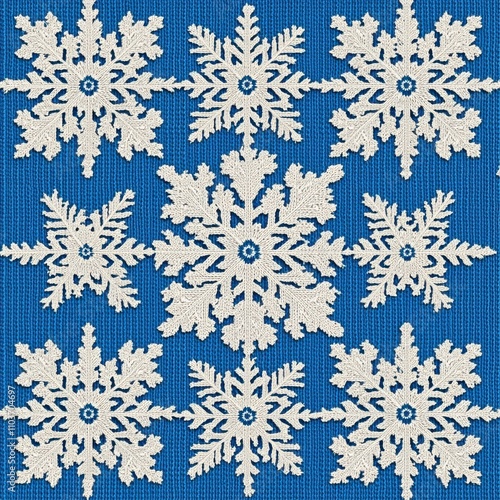 A beautiful blue background adorned with intricate white snowflake patterns, perfect for winter themes.