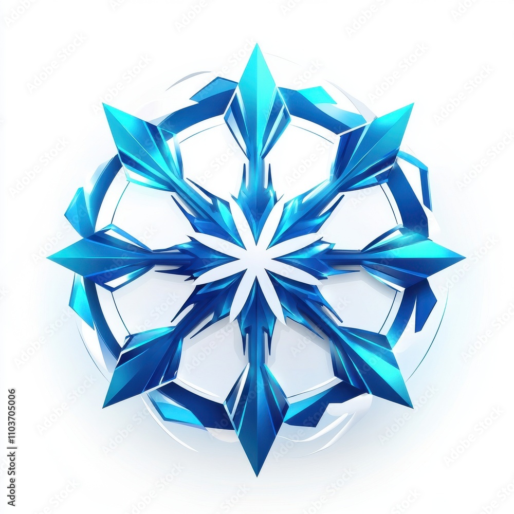 Vibrant blue snowflake design with sharp, angular features, radiating a cool, modern aesthetic. Vibrant blue snowflake design with sharp, angular features, radiating a cool, modern aesthetic.