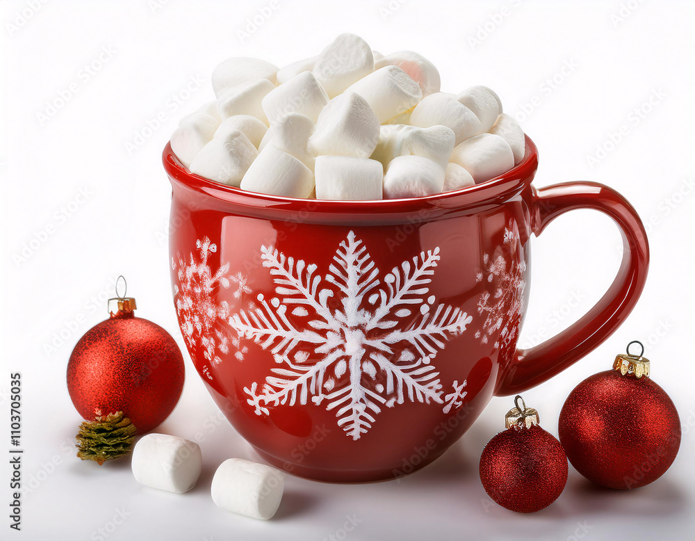 A festive red mug with snowflake design filled with hot chocolate and marshmallows A festive red mug with snowflake design filled with hot chocolate and marshmallows