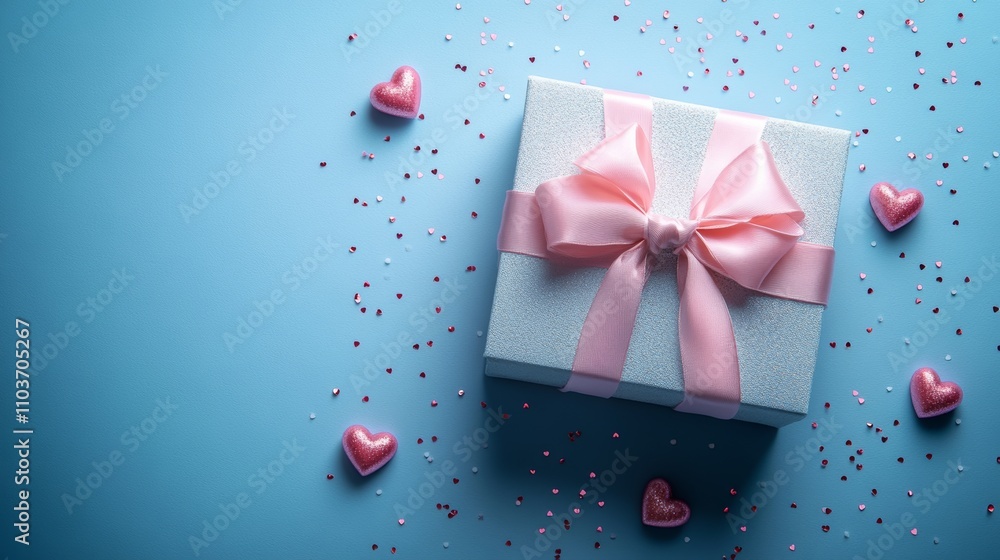 A decorative gift box adorned with a pink ribbon is placed on a blue surface surrounded by heart-shaped candies A decorative gift box adorned with a pink ribbon is placed on a blue surface surrounded by heart-shaped candies