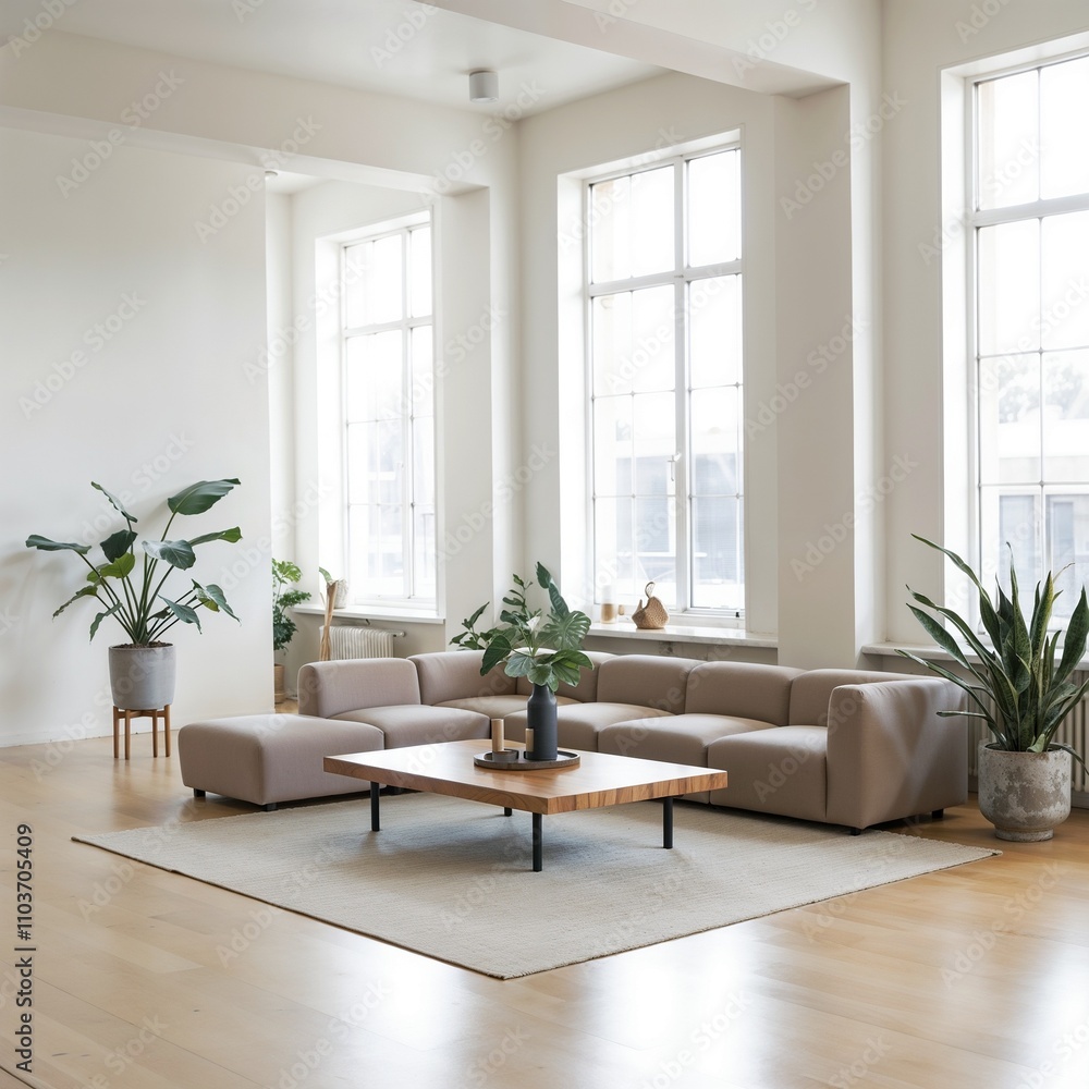 Fototapeta premium Minimalist home interior design of spacious modern living room with a sectional sofa and large windows.