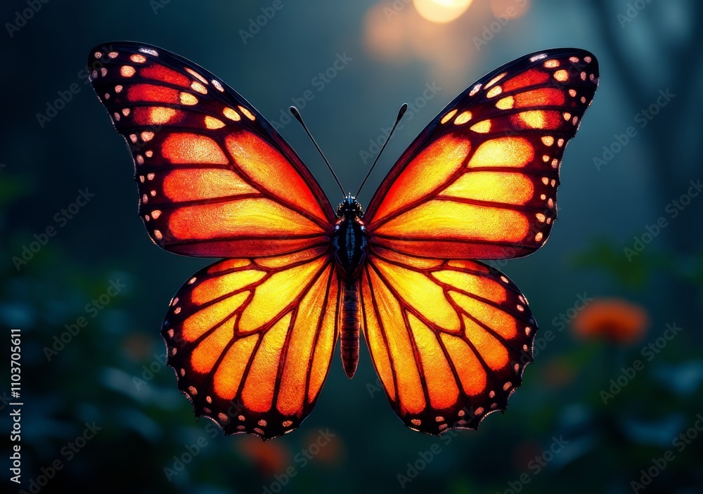 Fototapeta premium Colorful monarch butterfly perched on a flower under soft evening light