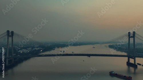 Vidyasagar Setu / Bridge over Ganga River Kolkata Drone View in Winter photo