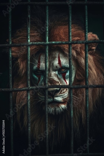 A fierce anthropomorphic lion with striking face paint behind bars in a dimly lit enclosure at a wildlife sanctuary. Generative AI photo