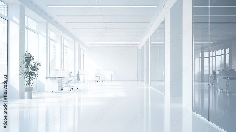 Fototapeta premium Clean office space with white walls and floors.