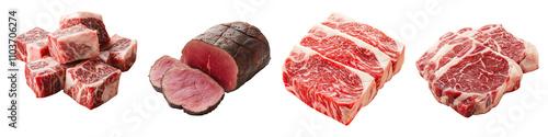 Beef meat pieces isolated on transparent background, Set of