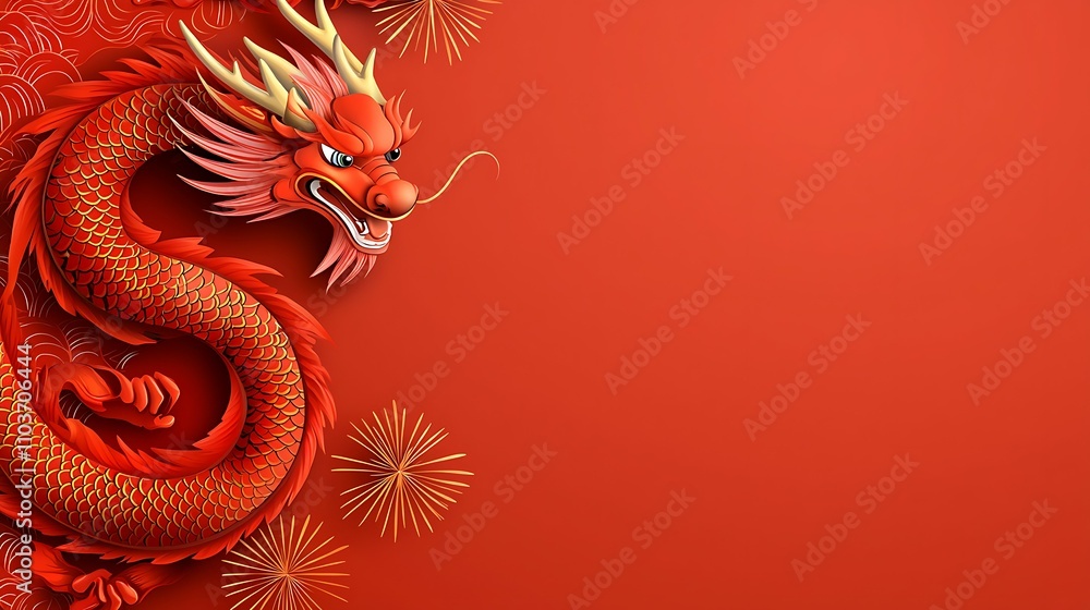 Obraz premium 2025 Chinese New Year firework gold concept. A vibrant red dragon illustration, symbolizing luck and power, set against a bold red background with decorative elements.