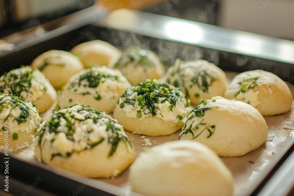 Preparing homemade buns with green onions nettles cheese and egg third step shaped buns in the baking pan Focus on wild herbs Preparing homemade buns with green onions nettles cheese and egg third step shaped buns in the baking pan Focus on wild herbs