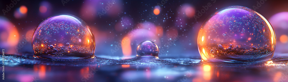 Abstract Orb Background, Glowing Spheres Resting on a Reflective Surface, Illuminated with Vibrant Hues Abstract Orb Background, Glowing Spheres Resting on a Reflective Surface, Illuminated with Vibrant Hues