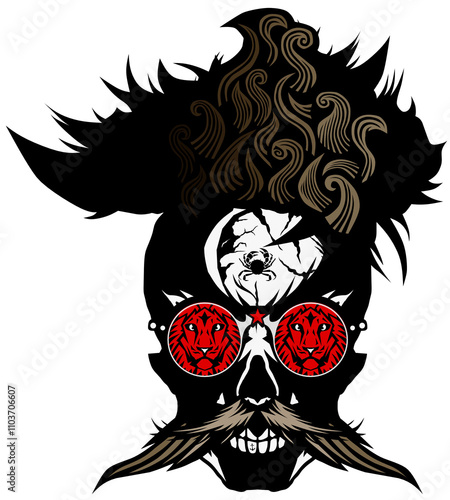 Tête de mort à moustache hipster skull moustachu et crane crabe tatouge lunette de soleil ronde lion photo