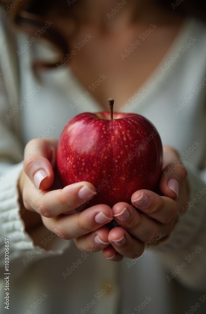 Female holding red apple with both hands in soft light Female holding red apple with both hands in soft light