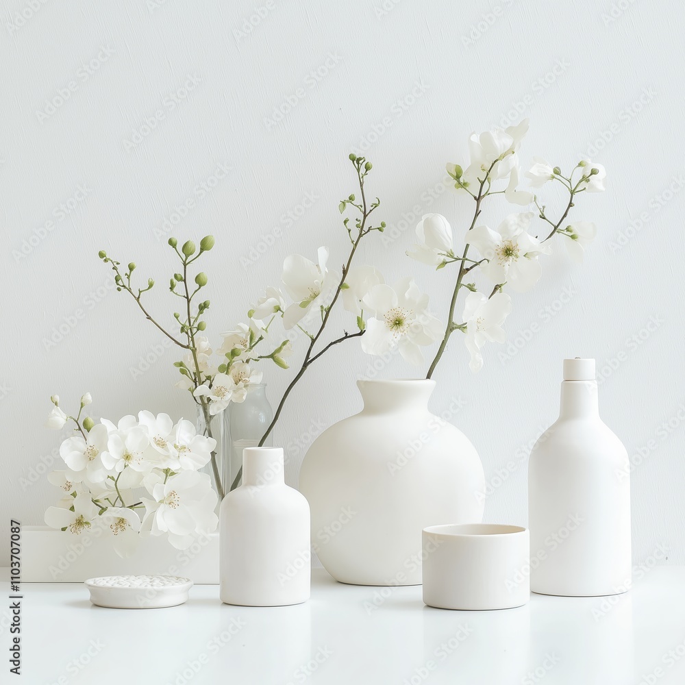 A serene arrangement of white vases and delicate flowers captivates with its minimalistic beauty. A serene arrangement of white vases and delicate flowers captivates with its minimalistic beauty.