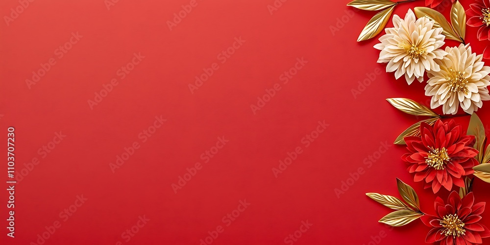 2025 Chinese New Year firework gold concept. A vibrant red background adorned with elegant white and red flowers, complemented by golden leaves, creating a festive and elegant atmosphere. 2025 Chinese New Year firework gold concept. A vibrant red background adorned with elegant white and red flowers, complemented by golden leaves, creating a festive and elegant atmosphere.