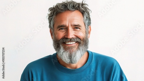 Joyful man with beard smiling against a light background