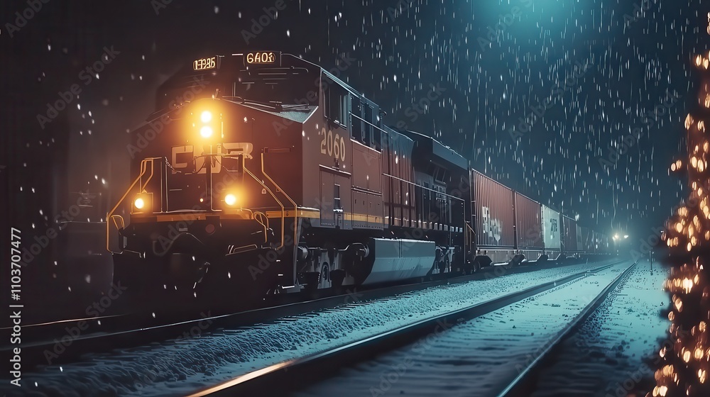 Snowy Night Scene with Freight Train in Motion, Capturing Tranquil Winter Atmosphere and Industrial Charm Amidst Glistening Snowflakes and Warm Lights Snowy Night Scene with Freight Train in Motion, Capturing Tranquil Winter Atmosphere and Industrial Charm Amidst Glistening Snowflakes and Warm Lights