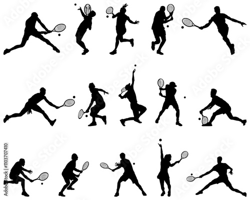 Black silhouettes of tennis players on a white background