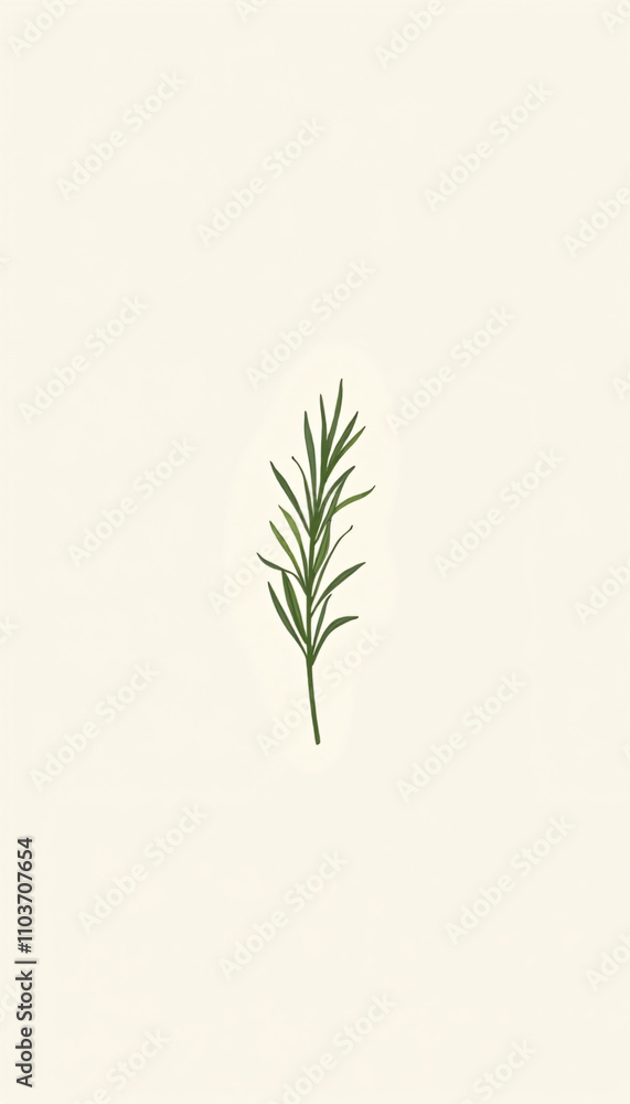 Fototapeta premium Minimalist Single Plant Sprig with Needle-like Leaves on Off-white Background [with spaces]