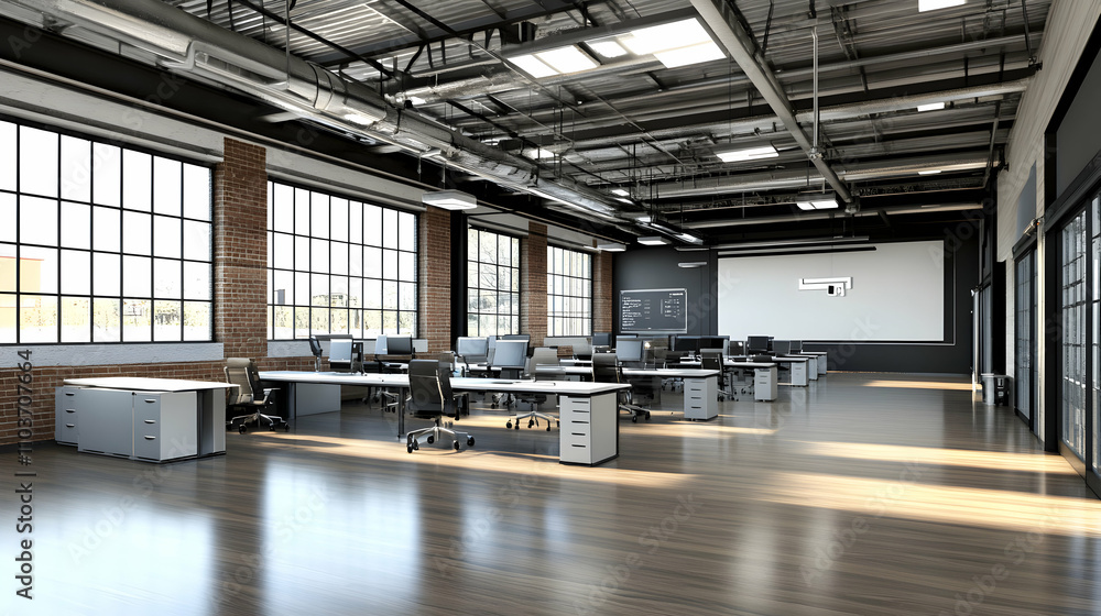 Modern Industrial Office Workspace, Sunlight Streams into a Spacious Open-Plan Design with Exposed Brick and Metal Piping Modern Industrial Office Workspace, Sunlight Streams into a Spacious Open-Plan Design with Exposed Brick and Metal Piping