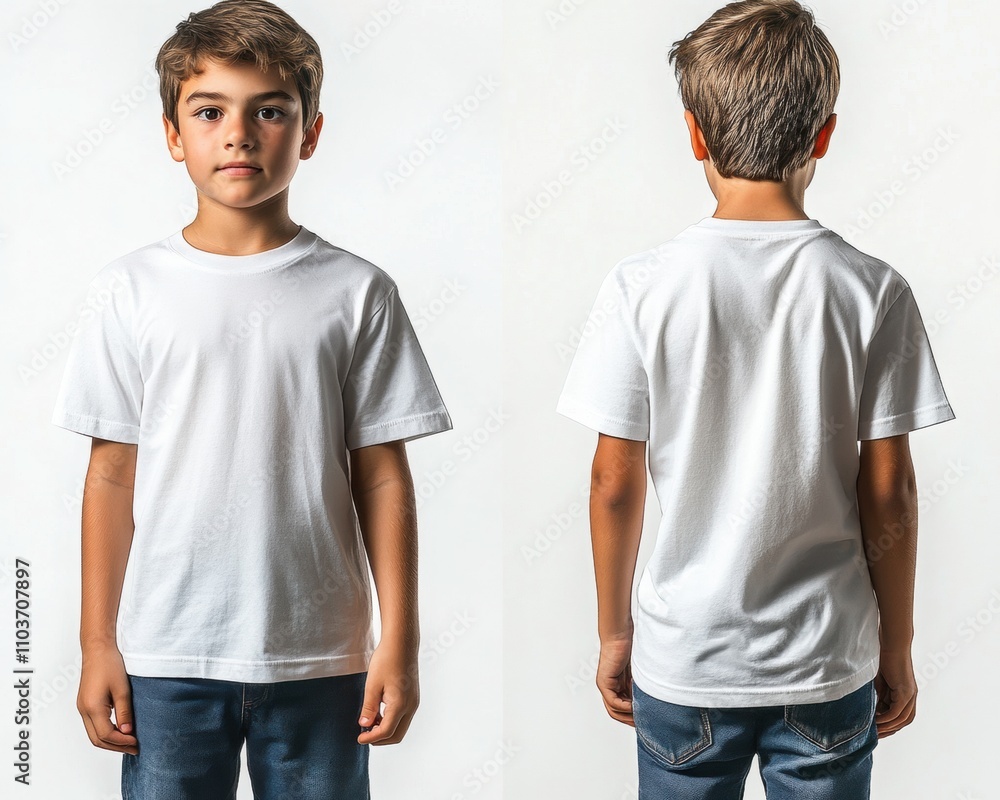 Kid Wearing Plain White T-Shirt, Front and Back View, Ideal for Mockup and Fashion Design, Capturing Youth and Simplicity in Apparel Photography Kid Wearing Plain White T-Shirt, Front and Back View, Ideal for Mockup and Fashion Design, Capturing Youth and Simplicity in Apparel Photography