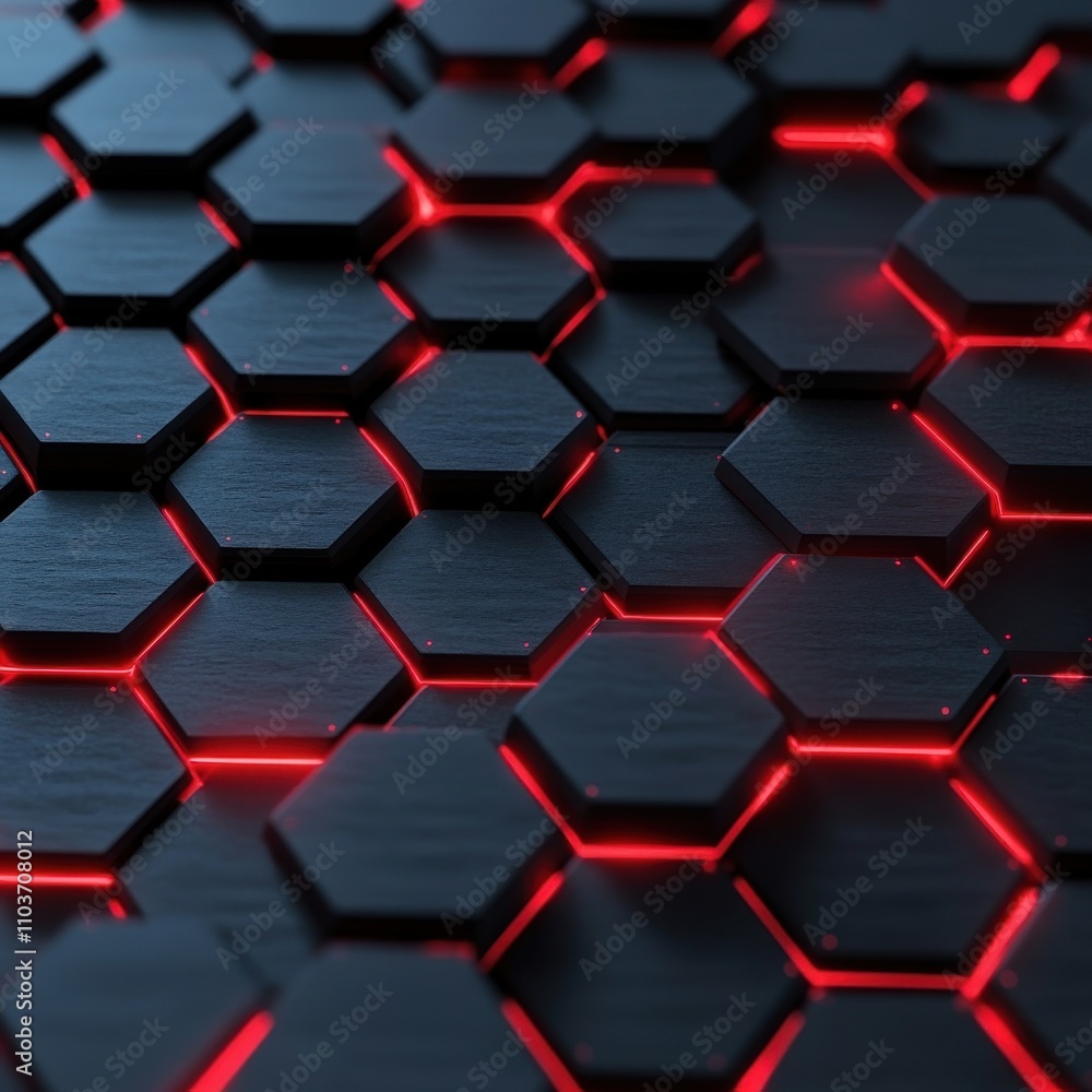 A mesmerizing close-up of black hexagonal tiles with glowing red lines, creating a futuristic and sleek design. A mesmerizing close-up of black hexagonal tiles with glowing red lines, creating a futuristic and sleek design.