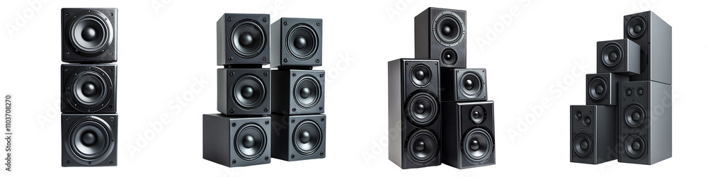 Set of black speakers stacked on top of each other, isolated on a transparent background. Set of black speakers stacked on top of each other, isolated on a transparent background.