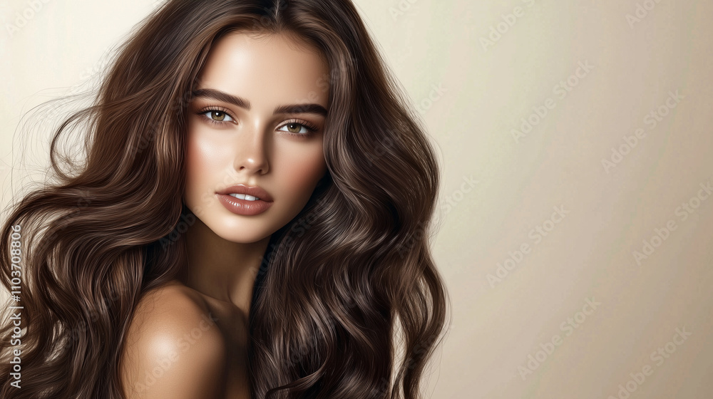 Naklejka premium Brunette Beauty with Luxurious Hair. Premium Hair Care Inspiration Image. Glossy Brown Hair Professional Photography