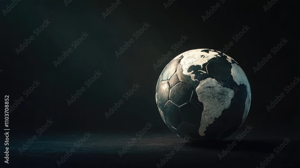 A soccer ball transforming into a globe featuring continents on a dark background, highlighting a blend of sport and geography. A soccer ball transforming into a globe featuring continents on a dark background, highlighting a blend of sport and geography.