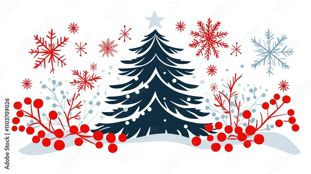 Christmas tree silhouette adorned with snowflakes and red berries, perfect for mobile apps, banners, and digital advertising celebrating winter holidays. Christmas tree silhouette adorned with snowflakes and red berries, perfect for mobile apps, banners, and digital advertising celebrating winter holidays.
