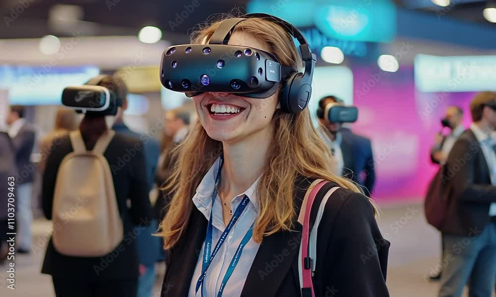Joyful Woman Experiencing Immersive Virtual Reality at a Tech Conference Joyful Woman Experiencing Immersive Virtual Reality at a Tech Conference