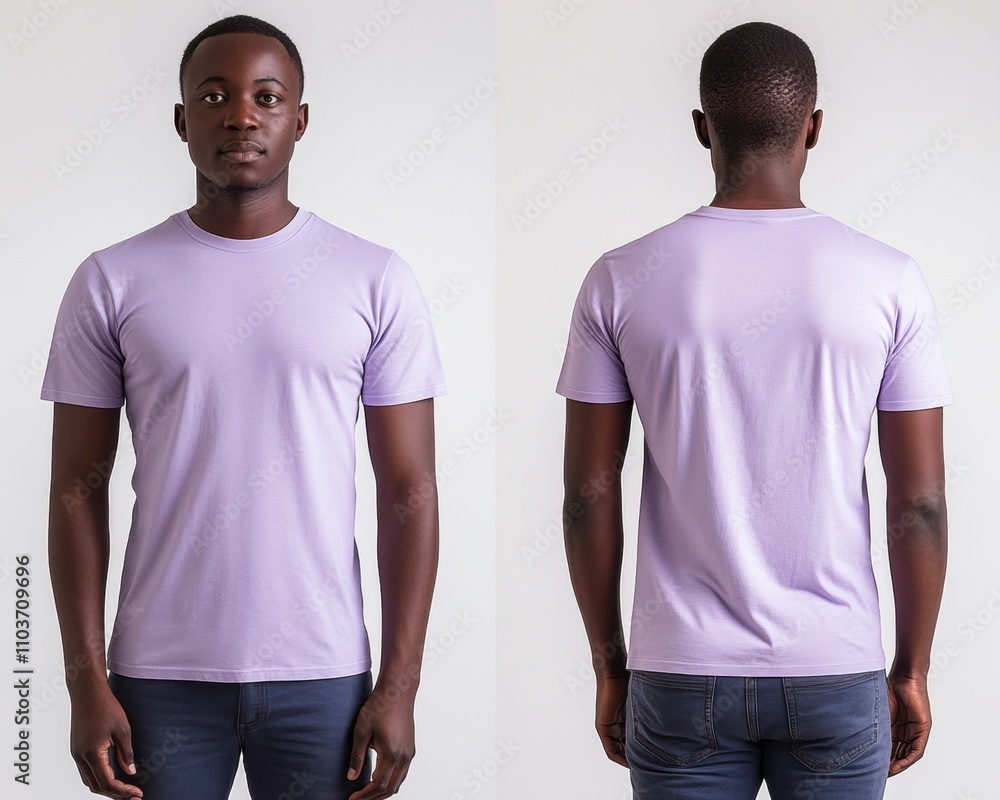 Young Man Wearing Lilac T-Shirt in Front and Back View Ideal for Fashion, Clothing, and Apparel Stock Photography Young Man Wearing Lilac T-Shirt in Front and Back View Ideal for Fashion, Clothing, and Apparel Stock Photography