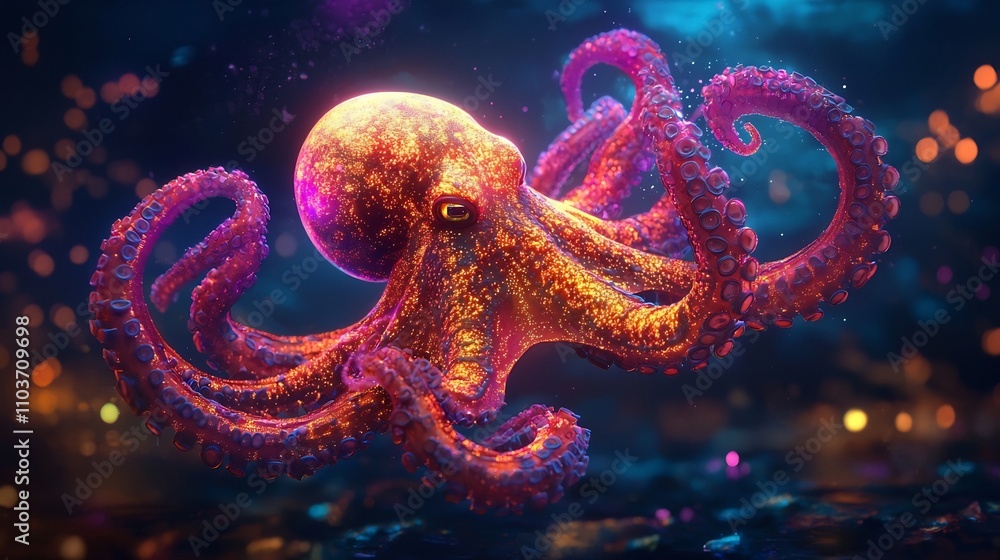 Glowing Robotic Octopus Swimming in a Neon Digital Ocean Glowing Robotic Octopus Swimming in a Neon Digital Ocean