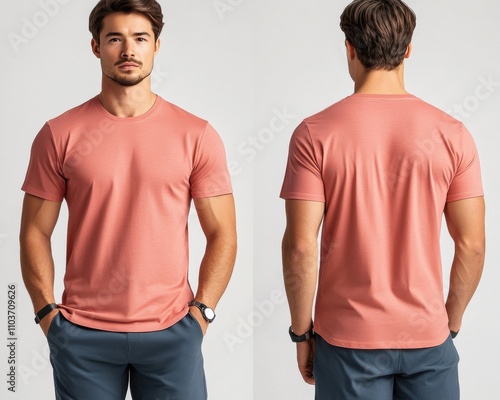 Stylish Young Man Posing in Casual Outfit Showcasing Comfortable Short-Sleeve Shirt and Slim-Fit Pants Against Neutral Background for Fashion Promotions