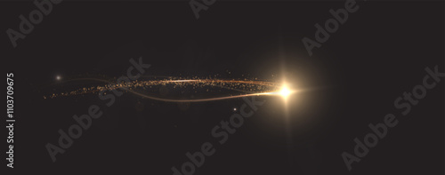 Golden comet png with sparkling stars and dust. Powder dust light PNG. Magic shining gold dust. Fine, shiny dust bokeh part	
