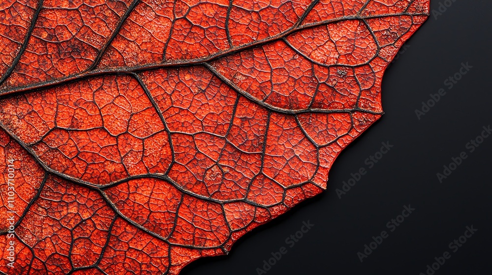 Fototapeta premium Close-up of vibrant red leaf with intricate veins against a dark background.