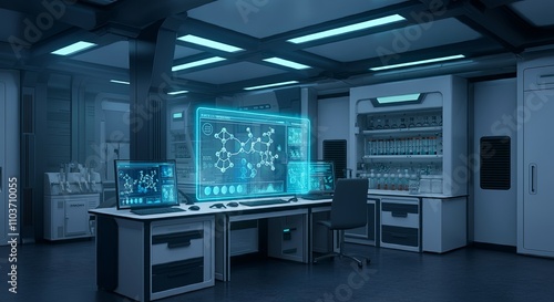 A futuristic AI workstation in a pharmaceutical lab displays real-time 3D visualizations of drug interactions, revolutionizing medicine development with advanced technology and precision analytics photo