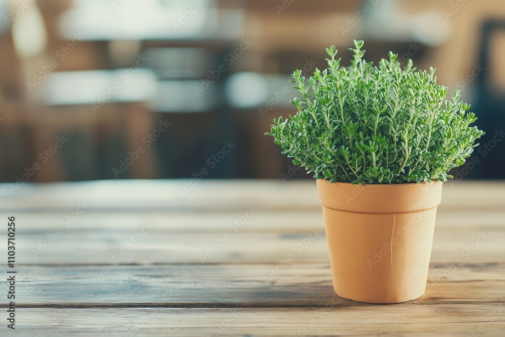 A small green plant in a terracotta pot on a wooden table, creating a cozy atmosphere. A small green plant in a terracotta pot on a wooden table, creating a cozy atmosphere.