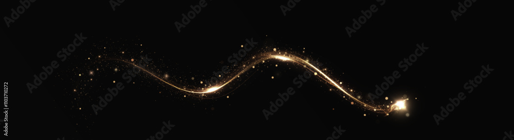 Obraz premium Golden comet png with sparkling stars and dust. Powder dust light PNG. Magic shining gold dust. Fine, shiny dust bokeh part 