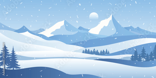 Winter mountains landscape, snowdrifts and snowfall, vector illustration	