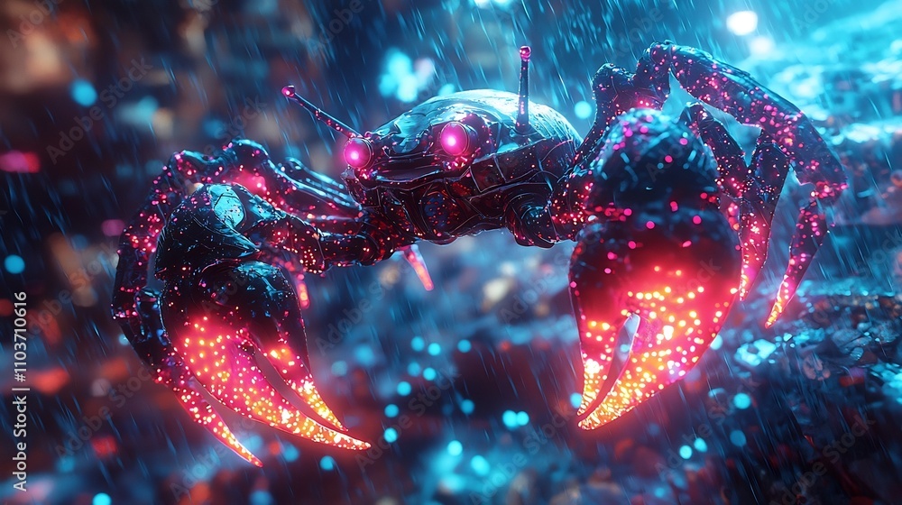 Glowing Robotic Crab Navigating Neon Underwater World Glowing Robotic Crab Navigating Neon Underwater World
