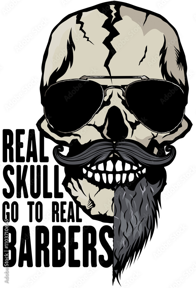 Fototapeta premium Tête de mort à moustache et barbe hipster skull moustachu et crane barbu lunette de soleil et slogan