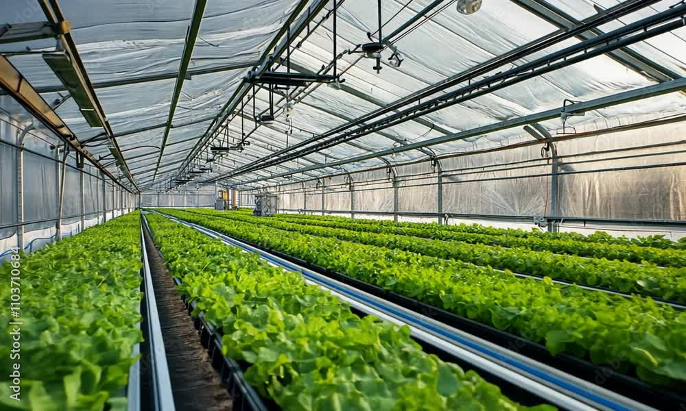 Rows of vibrant green lettuce plants thriving in a modern greenhouse. Rows of vibrant green lettuce plants thriving in a modern greenhouse.