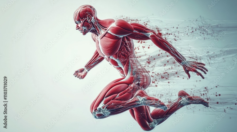 An artistic rendering of the human body in motion, with visible muscles and veins, illustrating the dynamic nature of human anatomy during physical activity An artistic rendering of the human body in motion, with visible muscles and veins, illustrating the dynamic nature of human anatomy during physical activity