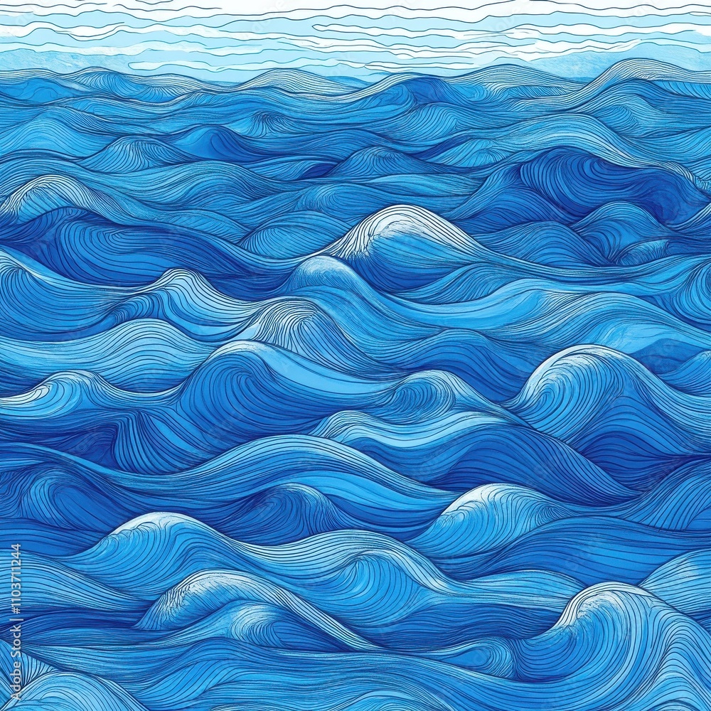 Fototapeta premium A mesmerizing abstract illustration of ocean waves, blending various shades of blue, creating a tranquil and rhythmic effect.