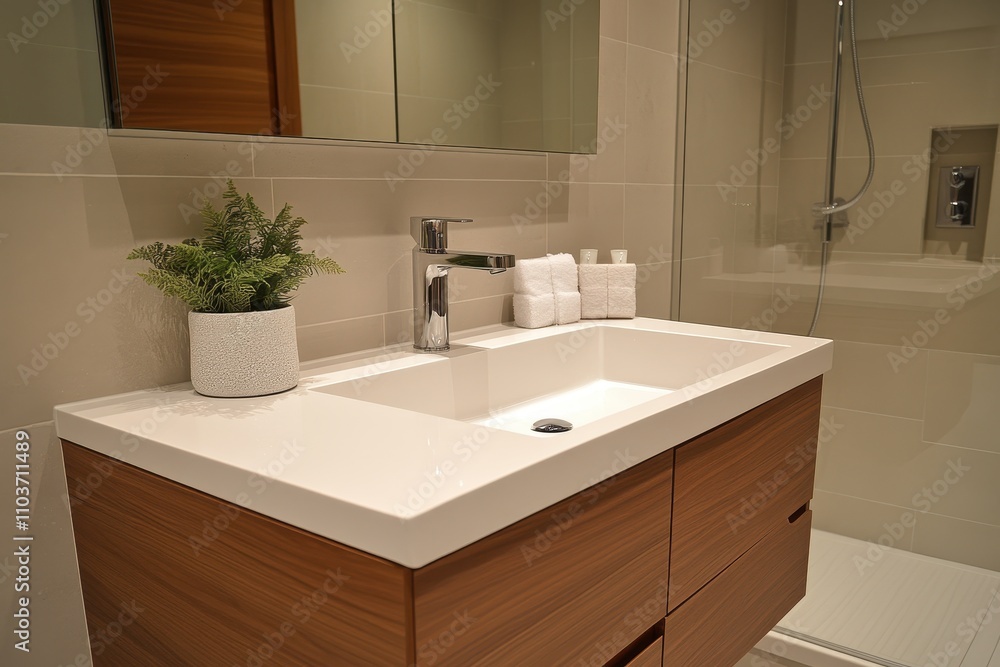 Restroom featuring a white sink metal taps sleek mirror wooden cabinet with three drawers and a glass shower door Restroom featuring a white sink metal taps sleek mirror wooden cabinet with three drawers and a glass shower door
